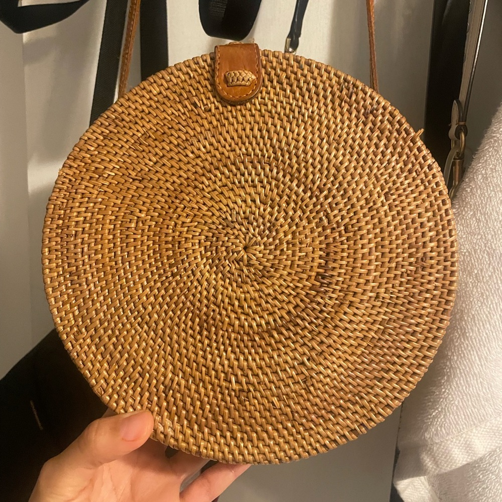francesca's collection round hand woven rattan bag